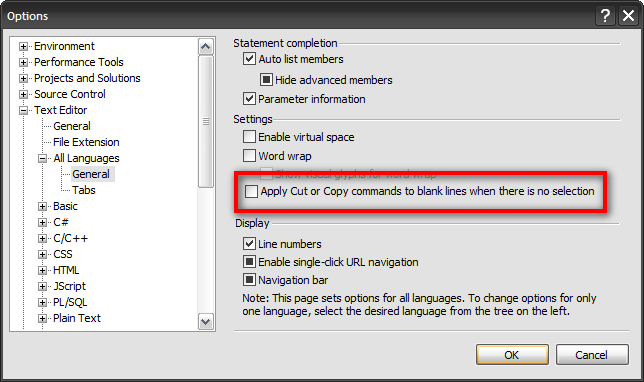 Options dialog in Visual Studio