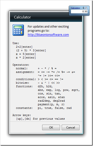 Calculator about dialog